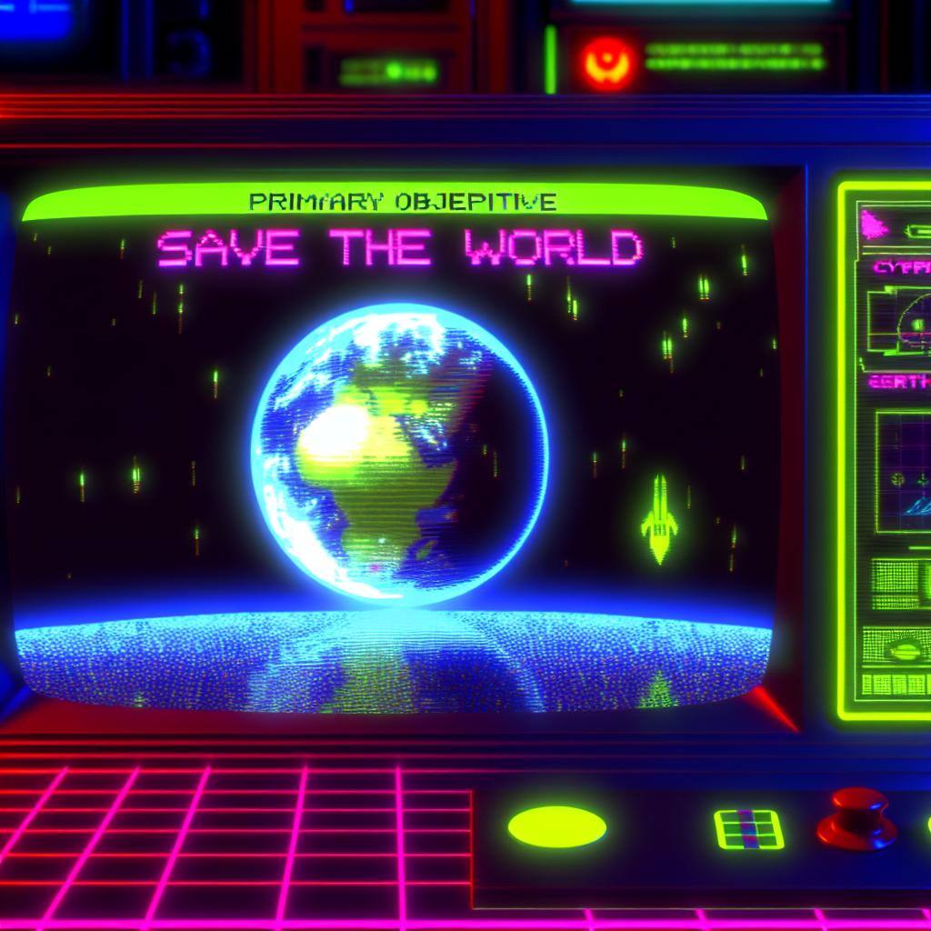 cyber computer game, 80s style, neon, save the world, planet