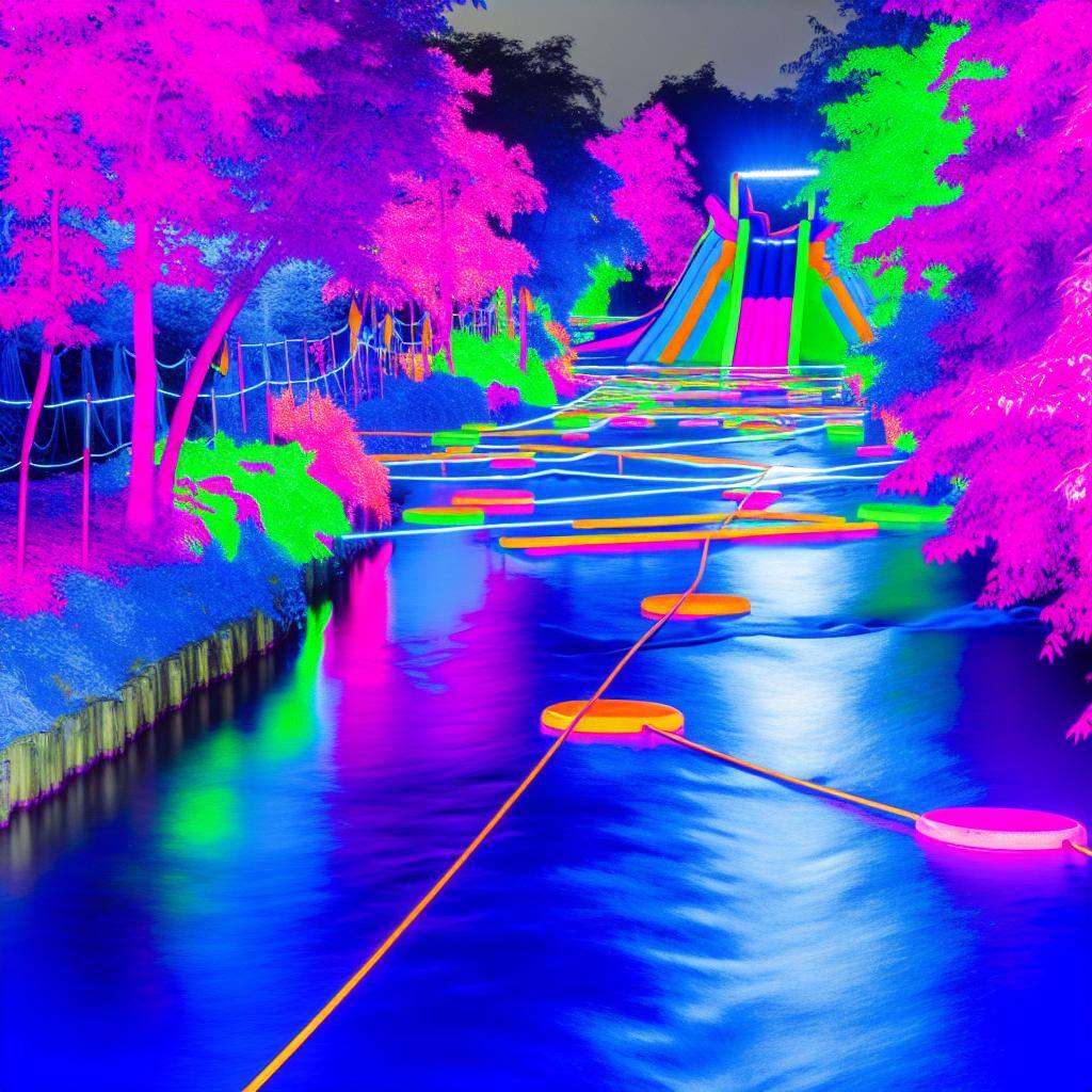 obstacle course through a river, neon, 80s style